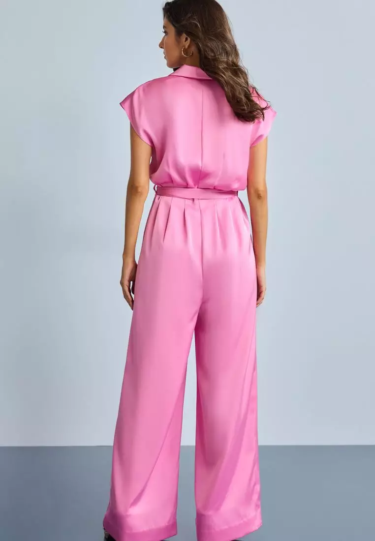 Buy NEXT Satin Belted Wide Leg Jumpsuit in Bright Pink 2024 Online