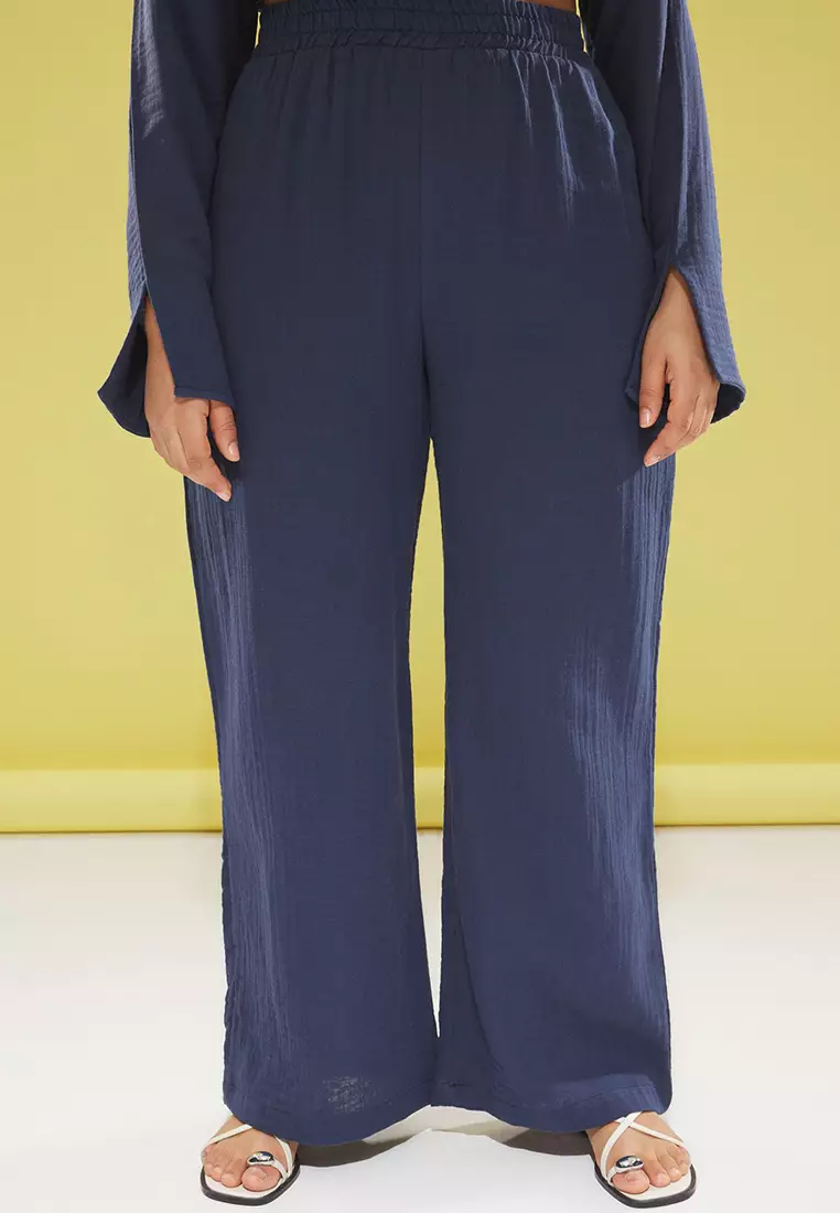 Navy Blue Bowknot Muslin 100% Cotton Woven Plus Size Top-Bottom Set Tbbss25Cp00009