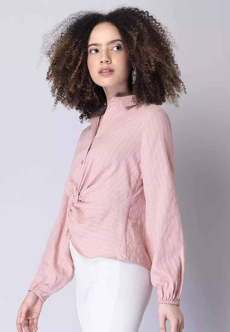 Pink Striped Front Knot Shirt