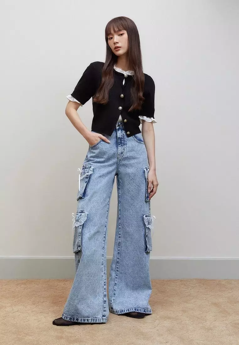 Buy Pomelo Lace Trim Pocket Cargo Jeans Blue 2025 Online ZALORA