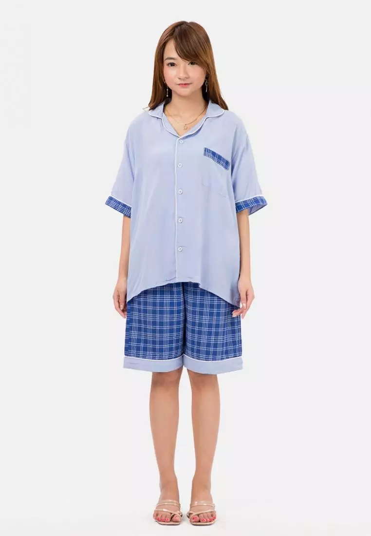 Gingham Solid Pajamas Set