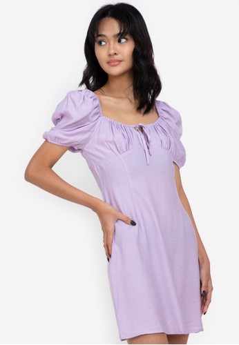 ZALORA BASICS purple Puff Sleeve Mini Dress 3123BAAEB4A065GS_1