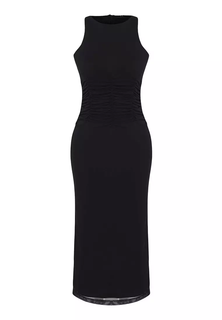 Black Floral Bodycon Knitted Tulle Midi Lined Graduation/Prom Dress