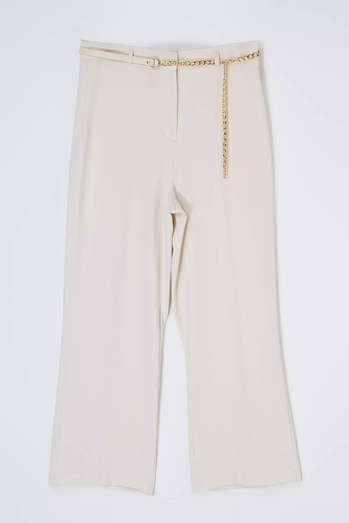 Ecru High Waist Pipe Leg Accessory Detailed Plus Size Woven Trousers Tbbss26Ar00015