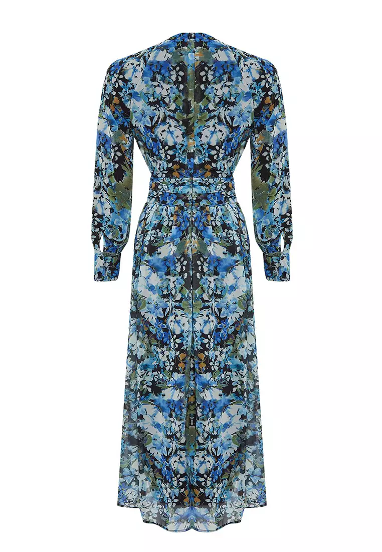 Black Blue Floral Sash Detailed Woven Dress TCTSS24EB00045