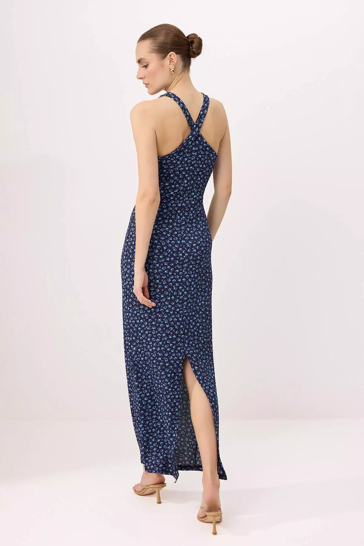 Navy Blue Floral Bodycon Thick Strap Pool Neck Sleeveless Stretchy Knitted Dress Twoss26El472