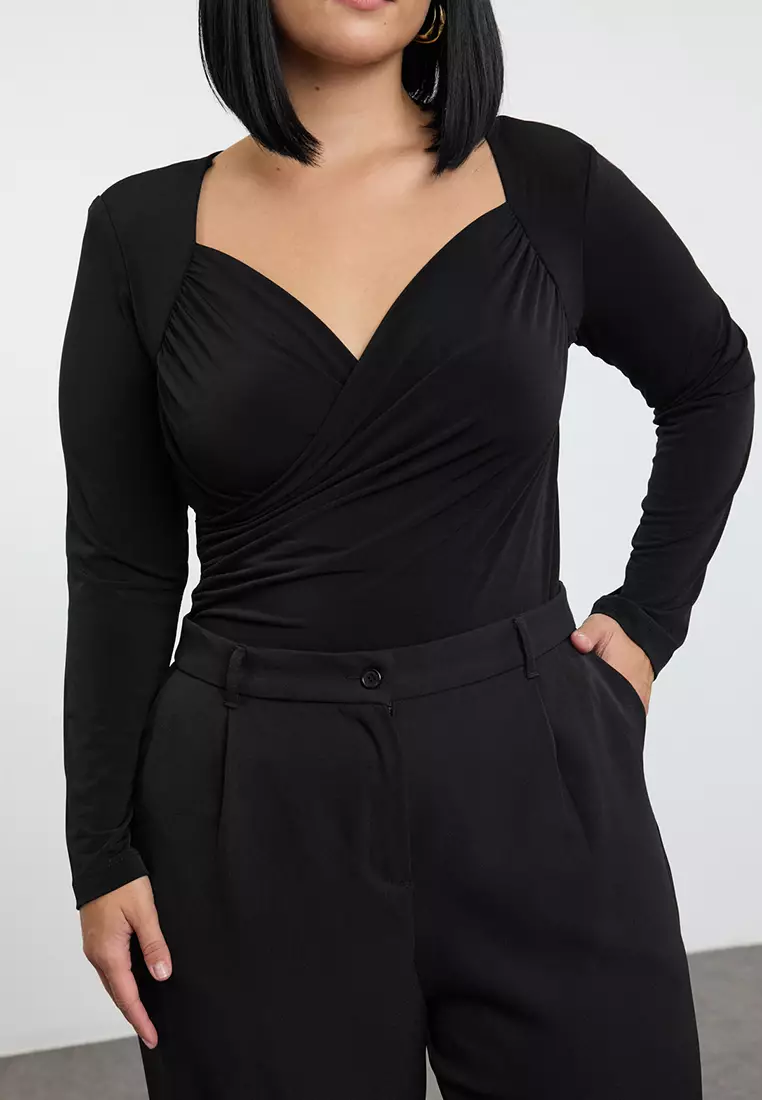 Black Double Breasted Bodycone Plus Size Bodysuit TBBAW25CS00008