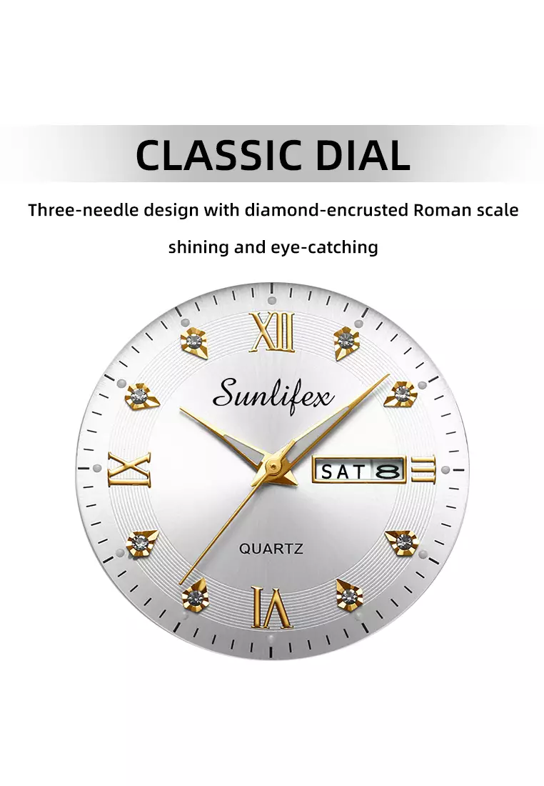 Jam Tangan Pria 9010 Kalender Kuarsa Tali Stainless Steel Bisnis Santai Jam Tangan Cowok gold white