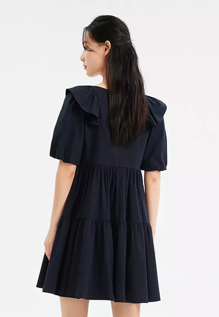 Puff Sleeve V-Neck Ruffled Collar Midi Dress