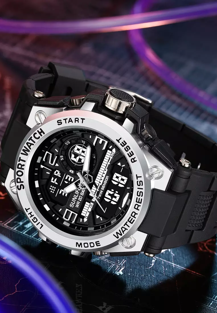 Jam Tangan Pria Digital&Analog Olahraga Multifungsi Tali Silikon Jam Tangan Cowok D003 black silver