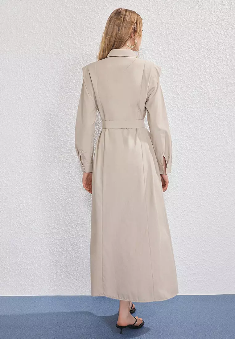 Beige Belt Buckle Detailed Woven Terrycotton Dress Tctss25Eb00134