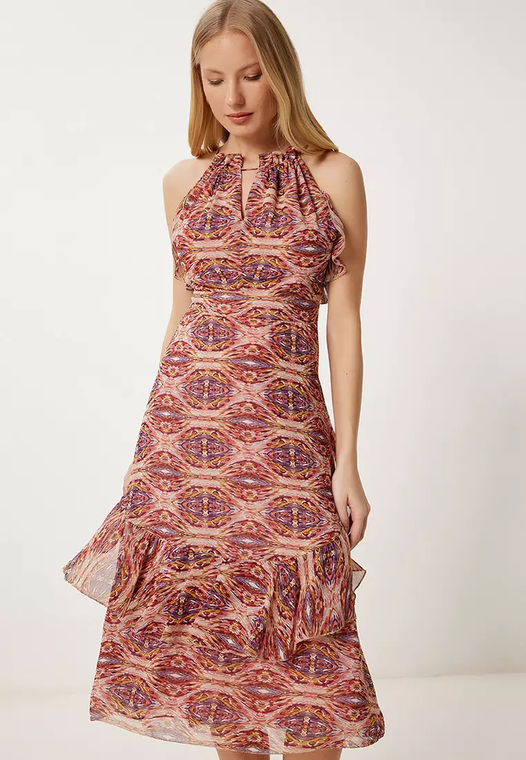 Women Dusty Rose Purple Patterned Flounced Summer Chiffon Dress Fg00025