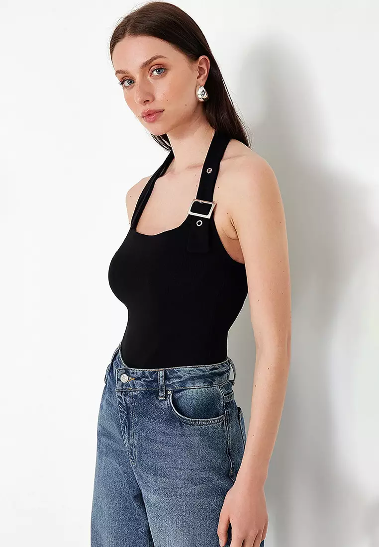 Black Halter Neck Belt Detail Fitted Knitted Blouse