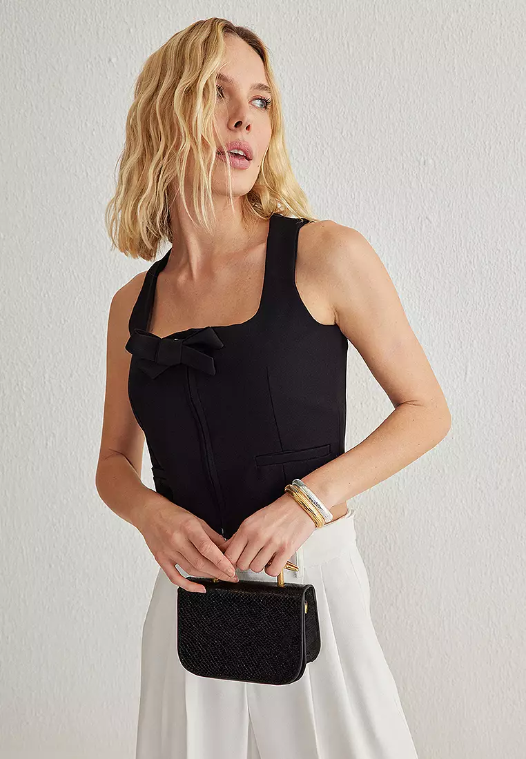 Black Regular Ribbon Detail Woven Vest