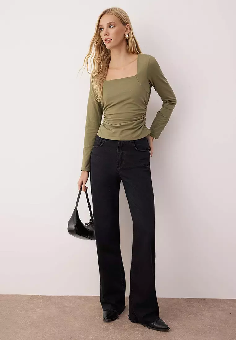 Khaki Square Neck Gathered/Drape Detailed Slim/Fits-A-Body Knitted Blouse