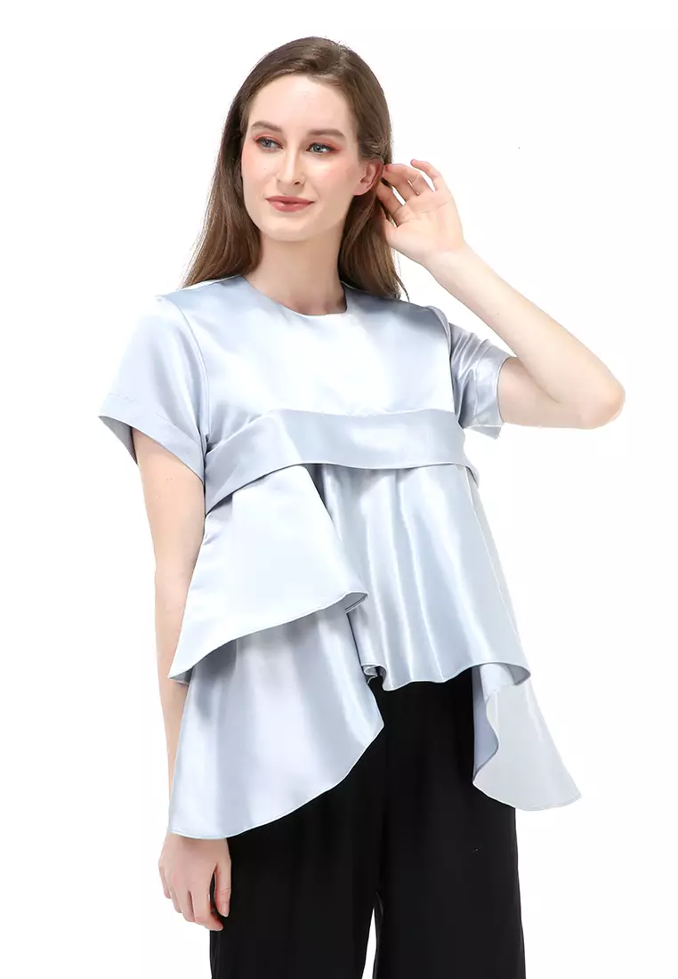 Kailah Blouse Short Sleeves Wanita Motif Polos Atasan Casual - Grey