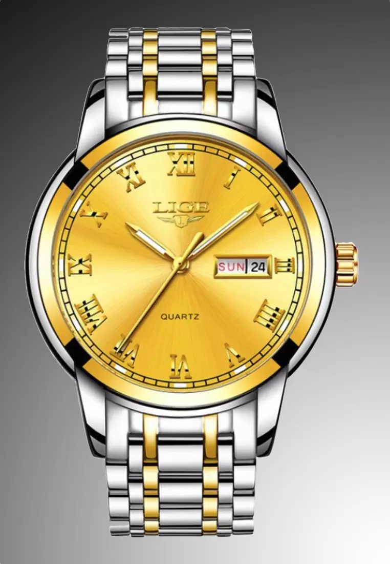 Unisex Day/Date Stainless Steel Quartz Watch on Steel Bracelet