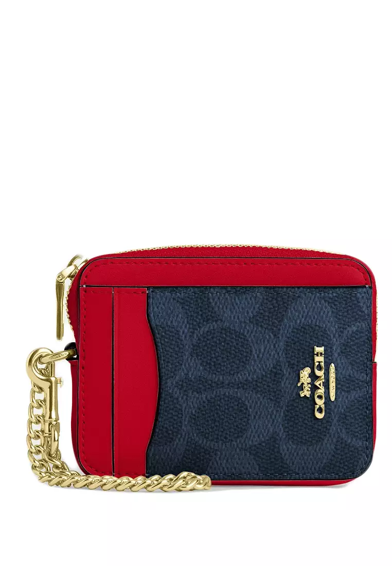 COACH Coach Zip Card Case In Signature Canvas - Denim/Bold Red