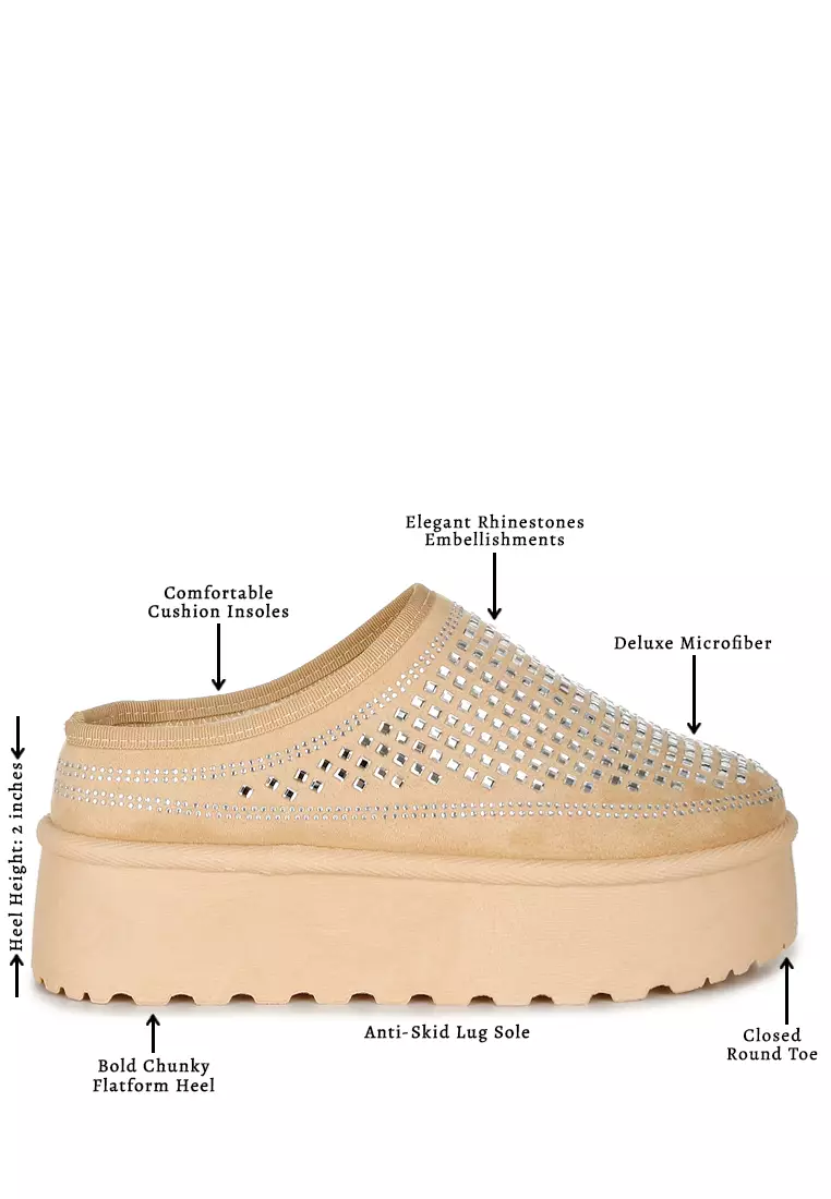Beige Rhinestones Embellished Platform Classic Slip-On