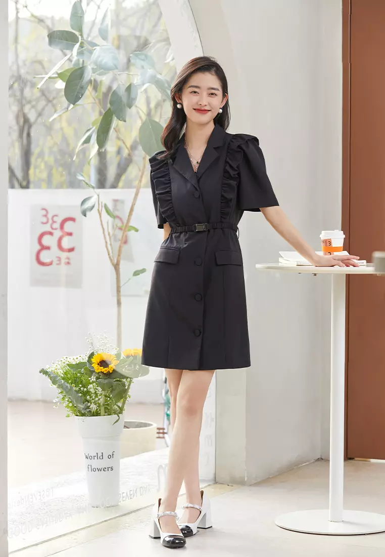 Single Breasted Summer Formal Ruffle Midi Dress