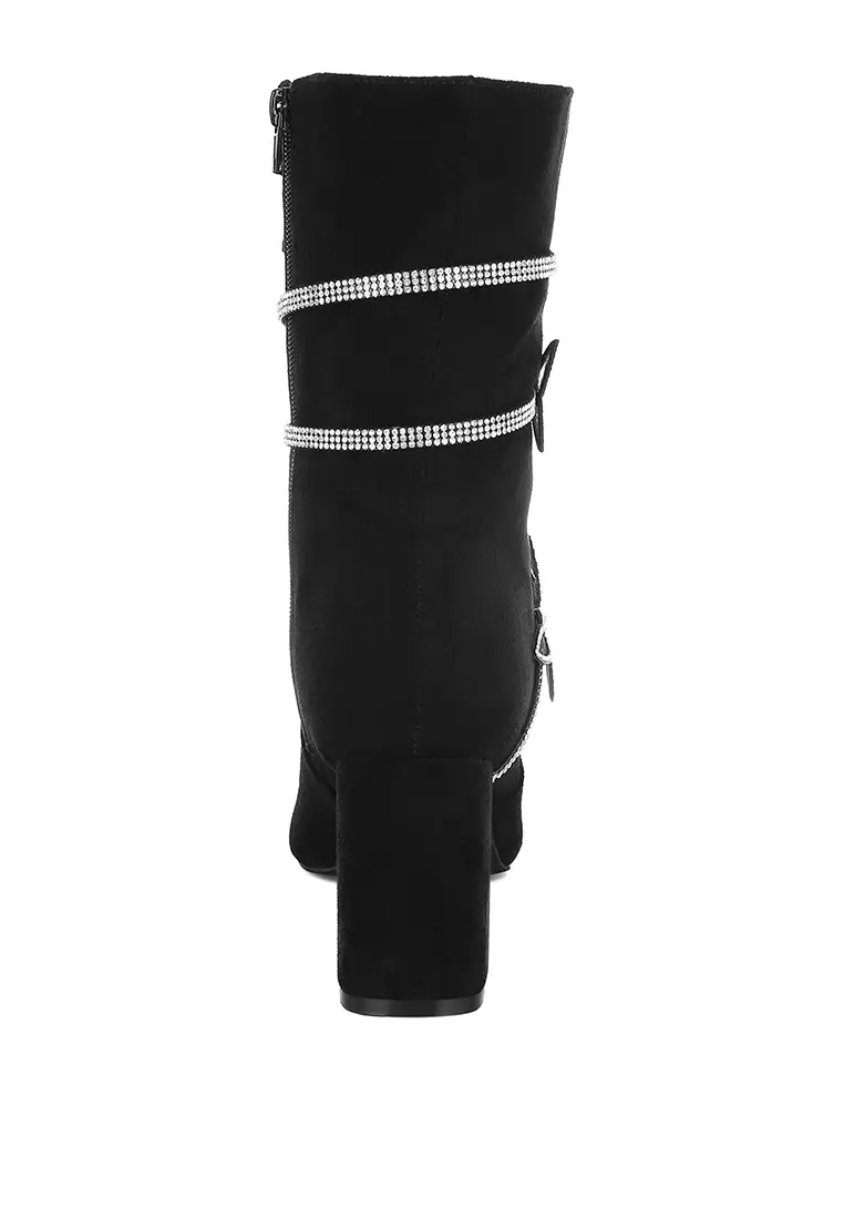 Rhinestone Brooch Wrap-Around Boots In Black