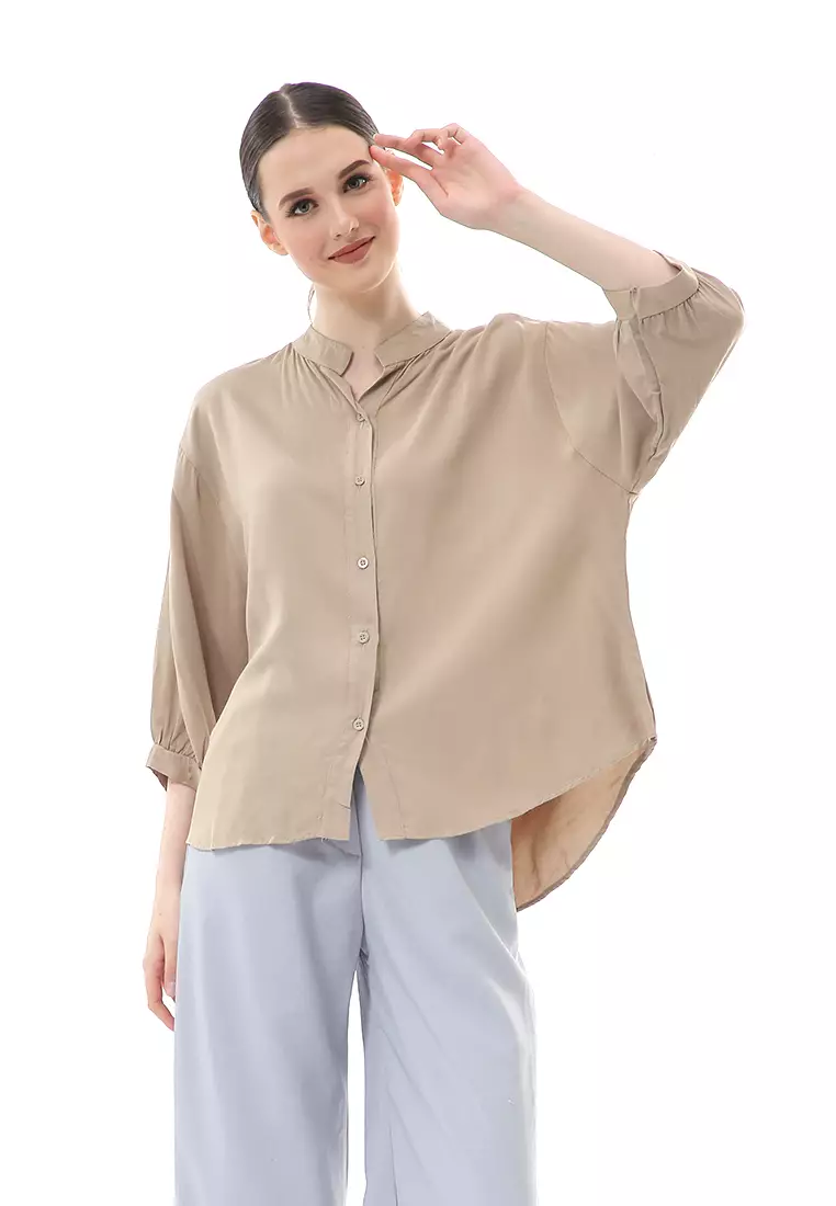 Ghita Kemeja Atasan Wanita Motif Polos Long Sleeve High Quality - Khaki
