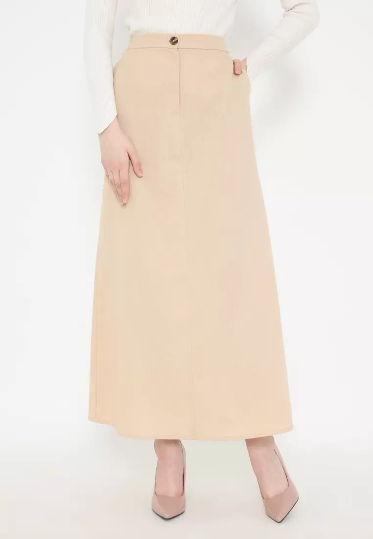 Skirt Basic A-Line Light Brown Hig Waist Linen Arlette By Brilliant Girl Warna Coklat Muda