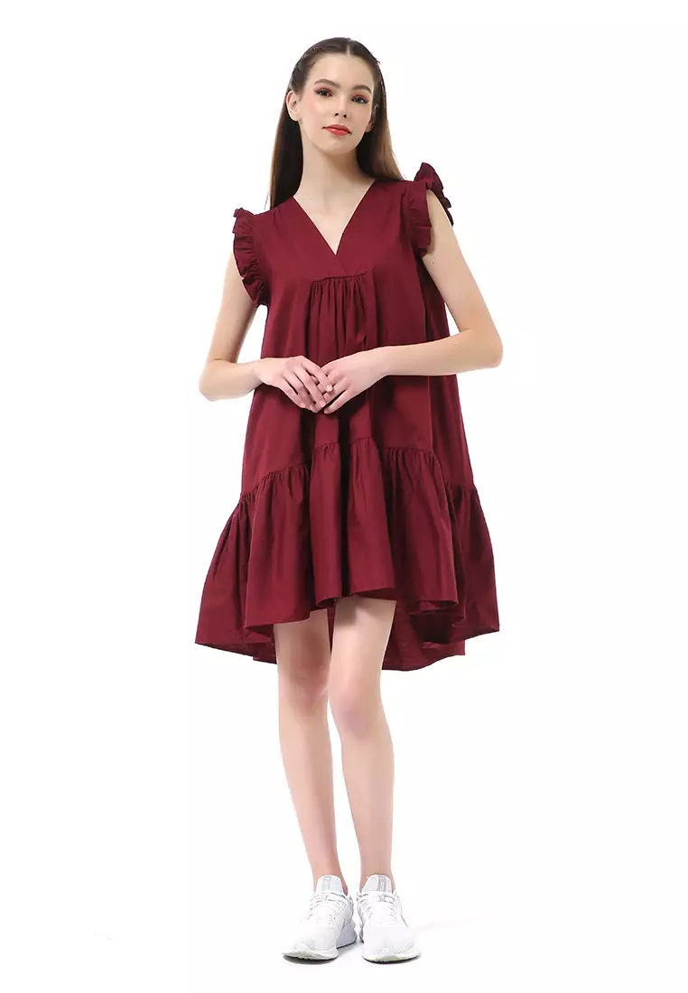 Rachel Mini Dress Ruffle Wanita Lengan Pendek Motif Polos Material Cotton ORIGINAL - Maroon
