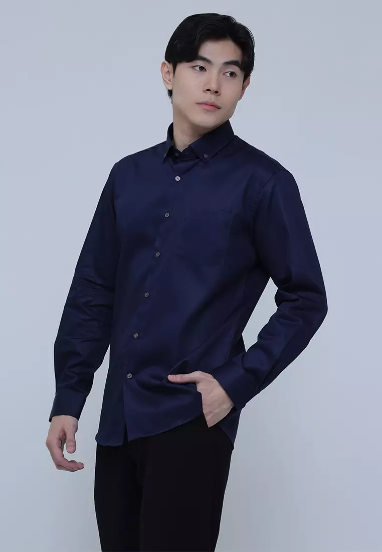 Slim Fit Solid Cotton Long Sleeve Dress Shirt