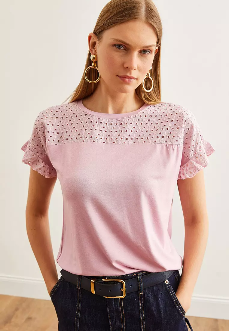 Women's Dried Rose Top Scallop Sleeve Flounce T-Shirt BLZ-19000979