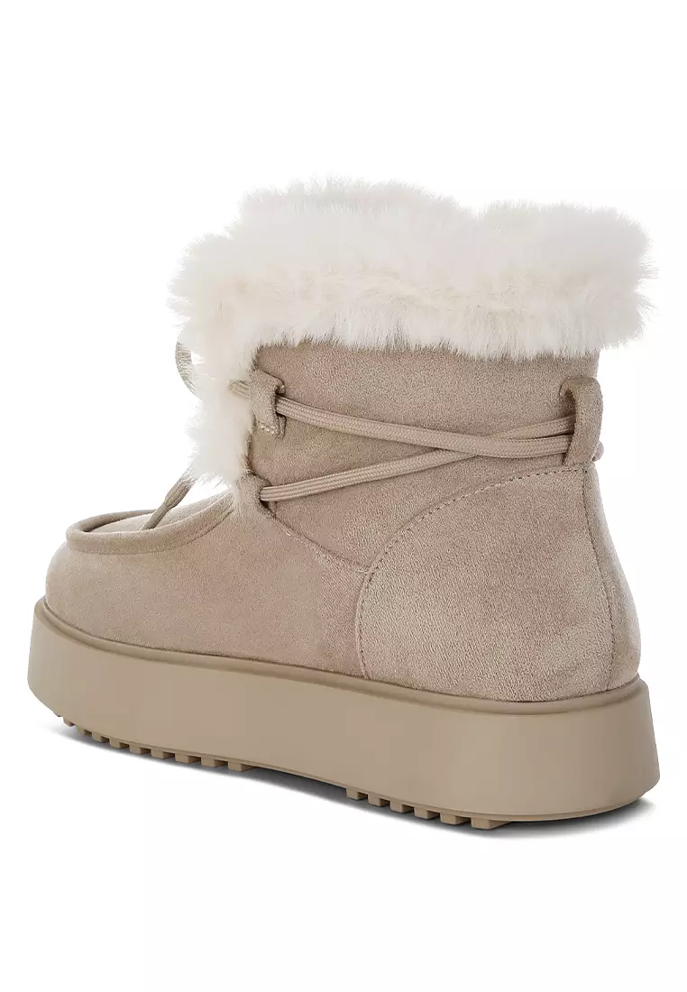 Faux Fur Collar Flatform Boots in Beige