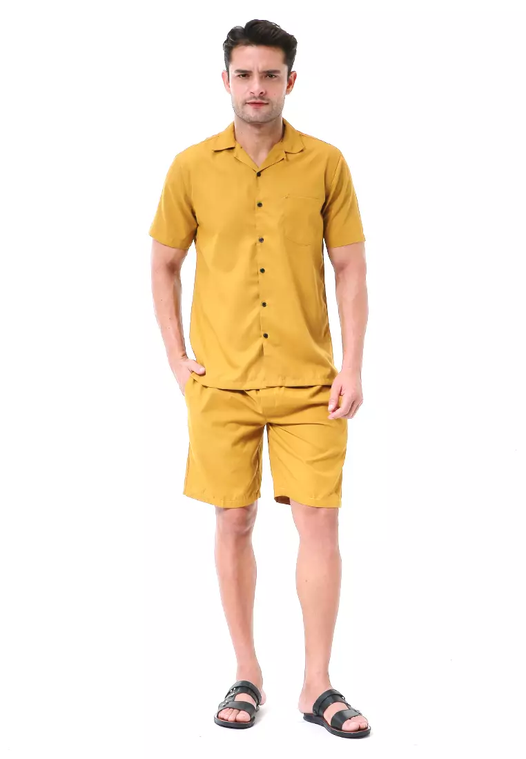 Deon Piyama Pria Plain Motive Kemeja One Set Lengan Pendek Material Cotton ORIGINAL - Mustard