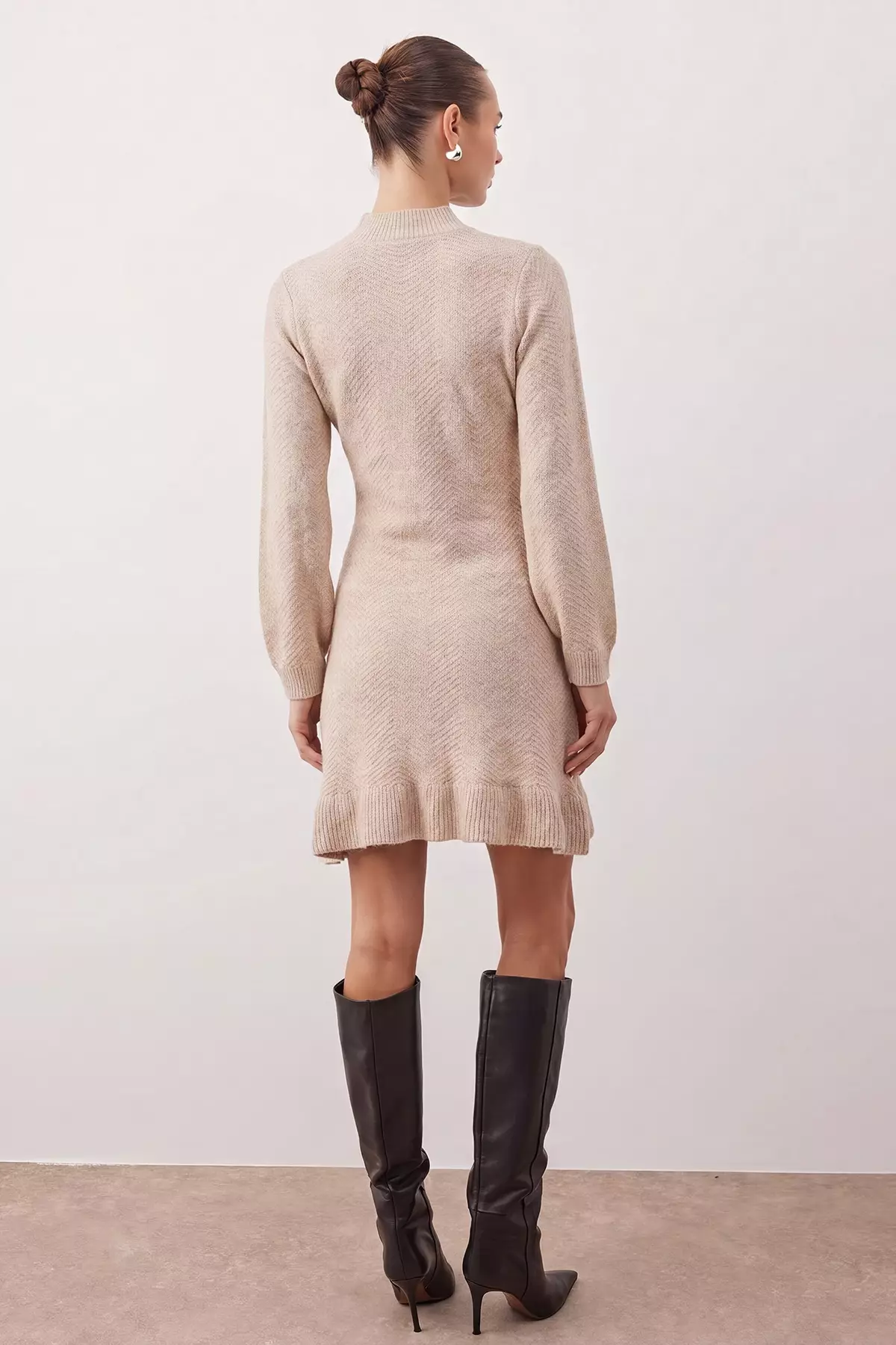 Stone Plain Short / Mini Ruffle High Neck Knitwear Dress Twoaw26El00099