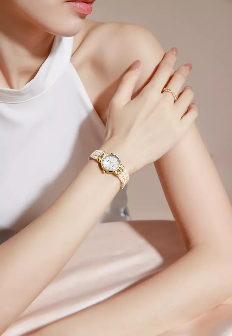 Jam Tangan Wanita Gelang Anti Air Original Fashion Korea Tali Mutiara Jam Tangan Cewek Goldwhite
