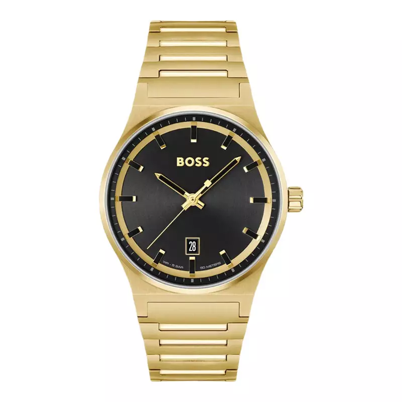 Jam Tangan Pria Hugo Boss Candor 1514077 Men Black Dial Gold Stainless Steel Strap