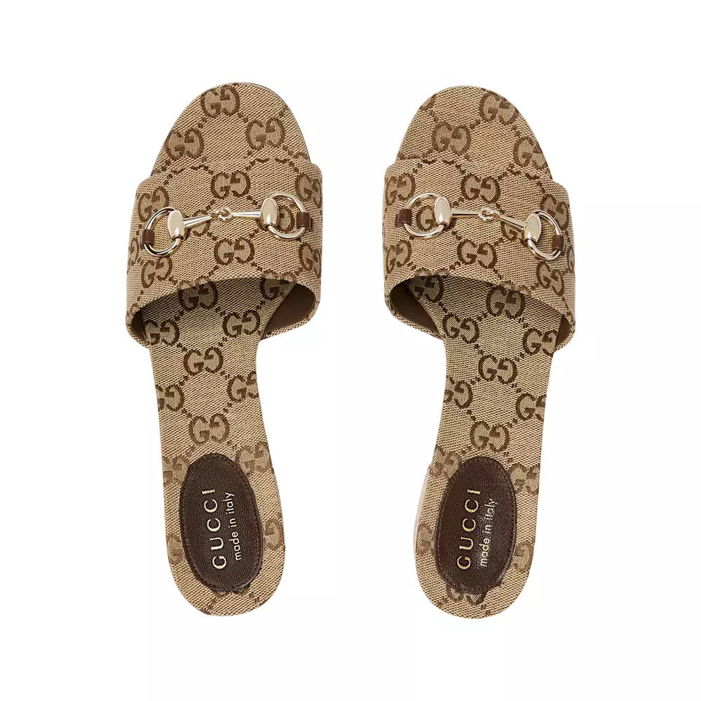 GG Slide Sandal with Horsebit Canvas Camel Brown