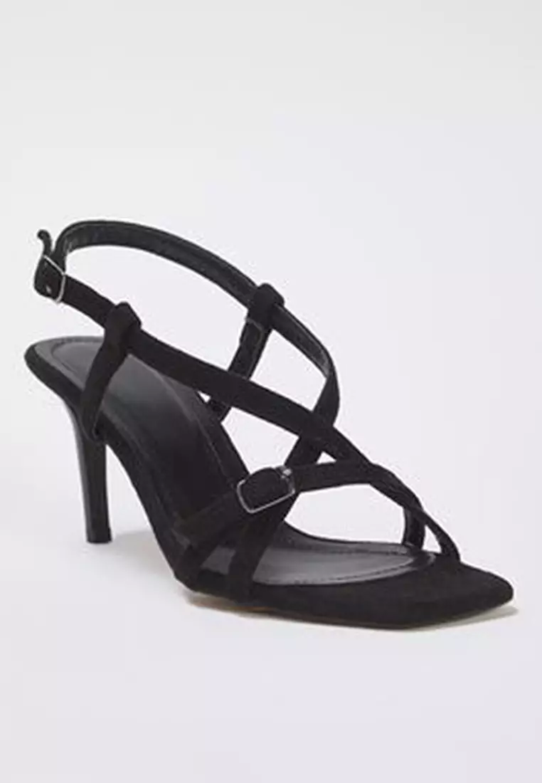 Black Suede Ankle Strap Square Toe Thin Heeled Women's Sandals Takss25To00018