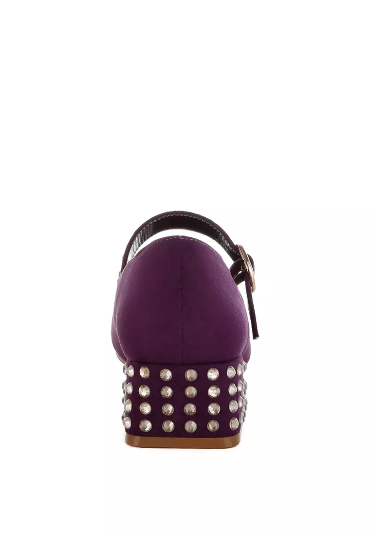 紫色鉚釘瑪麗珍高跟鞋