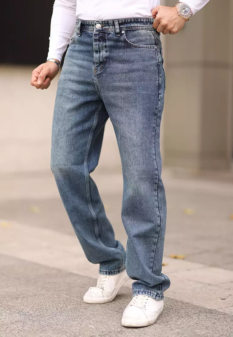 Medium Blue 100% Cotton Baggy Fit Jeans Trousers TMNAW24JE00027