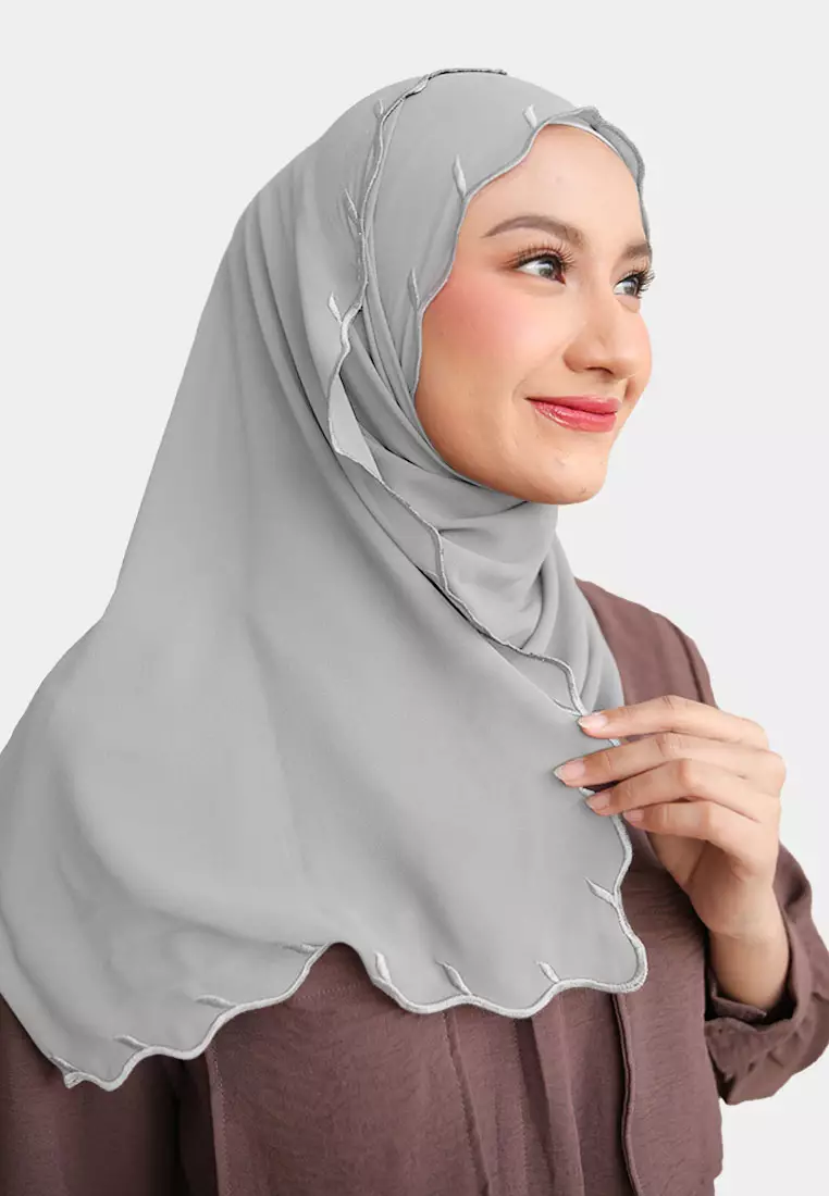 Zelena - Clarisa Shawl Embroidery | Hijab Pashmina Bordir - Cloud Grey