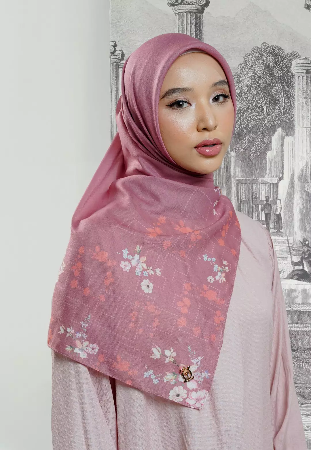 VIOLA Scarf Tropical Pink - Kerudung Hijab Segiempat Motif With BOX - Bahan Nesla - Ukuran 115x115