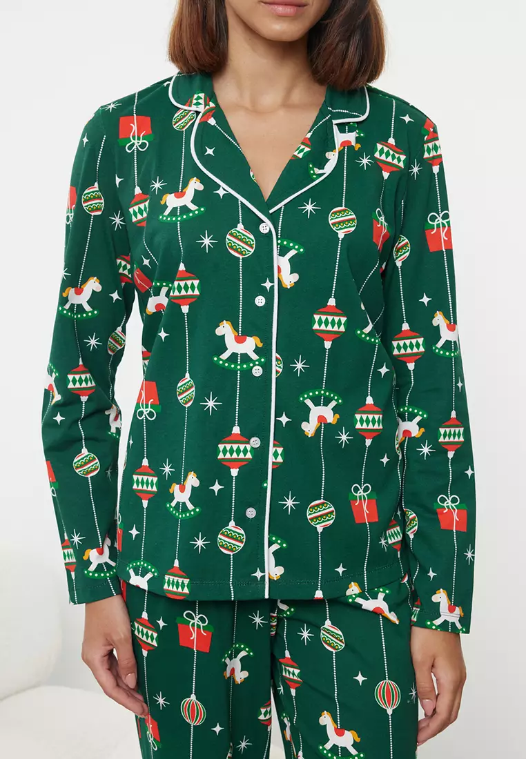 Green 100% Cotton Christmas Themed Knitted Pajama Set THMAW25PT00172