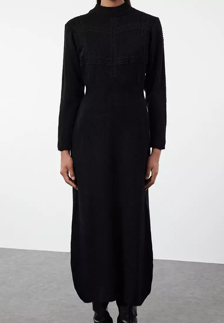 Black Lace Detailed Soft Textured Knitwear Dress Tctaw25Eb00015