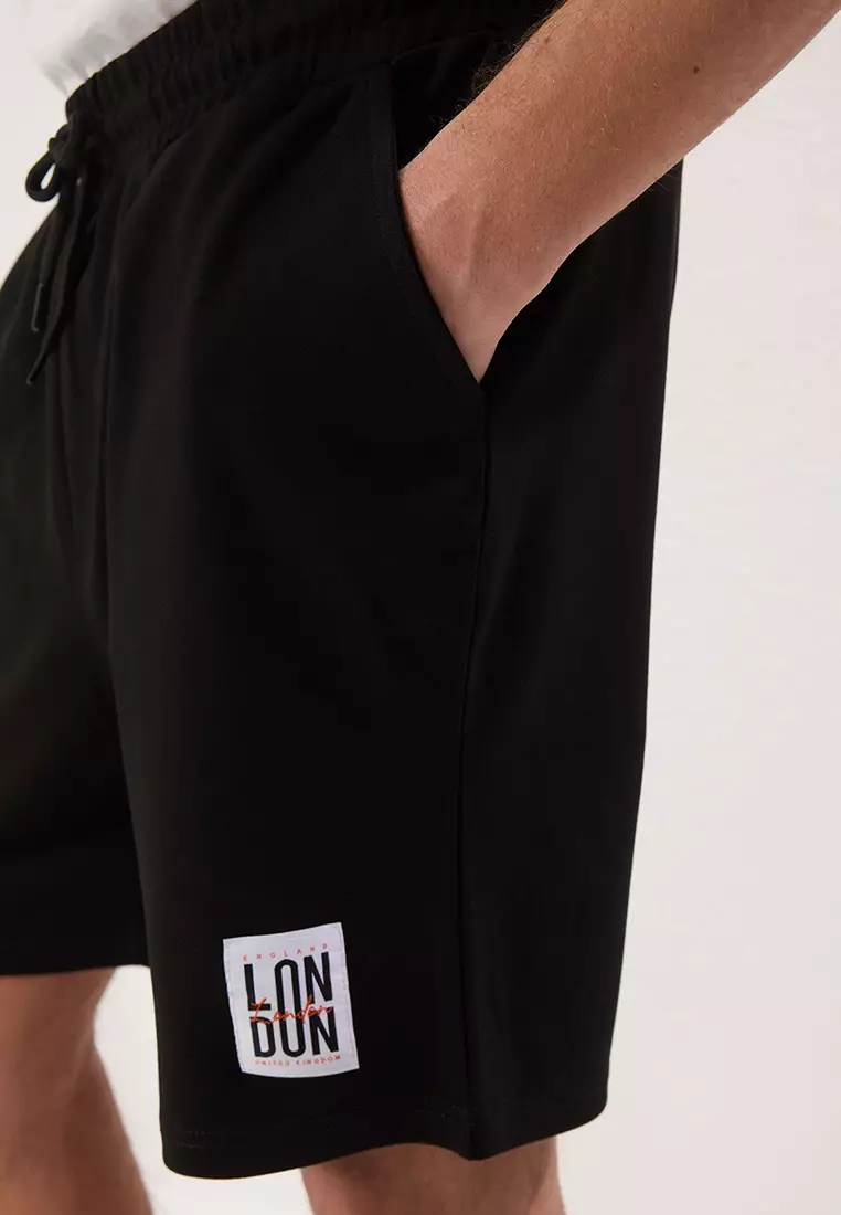 Black Regular Cut London Labeled Textured Pique Shorts & Bermudas TMNSS25SR00030