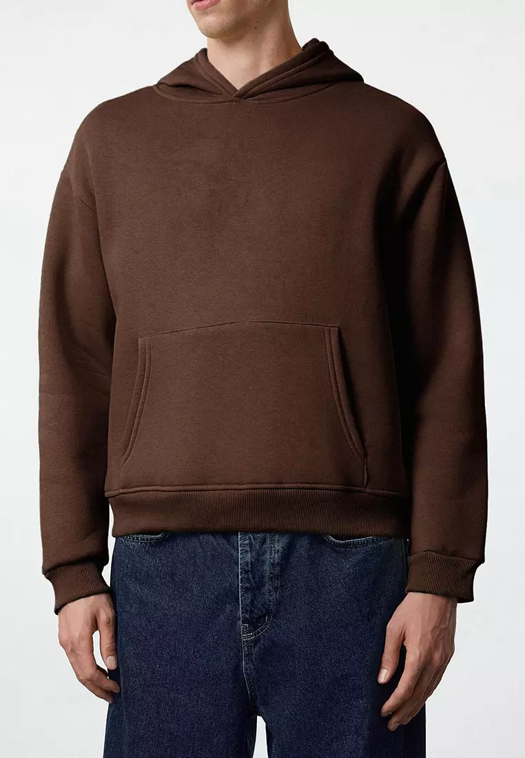 Dark Brown Oversize/Wide Cut Back Embroidered Detailed Hooded Sweatshirt TMNAW25SW00142