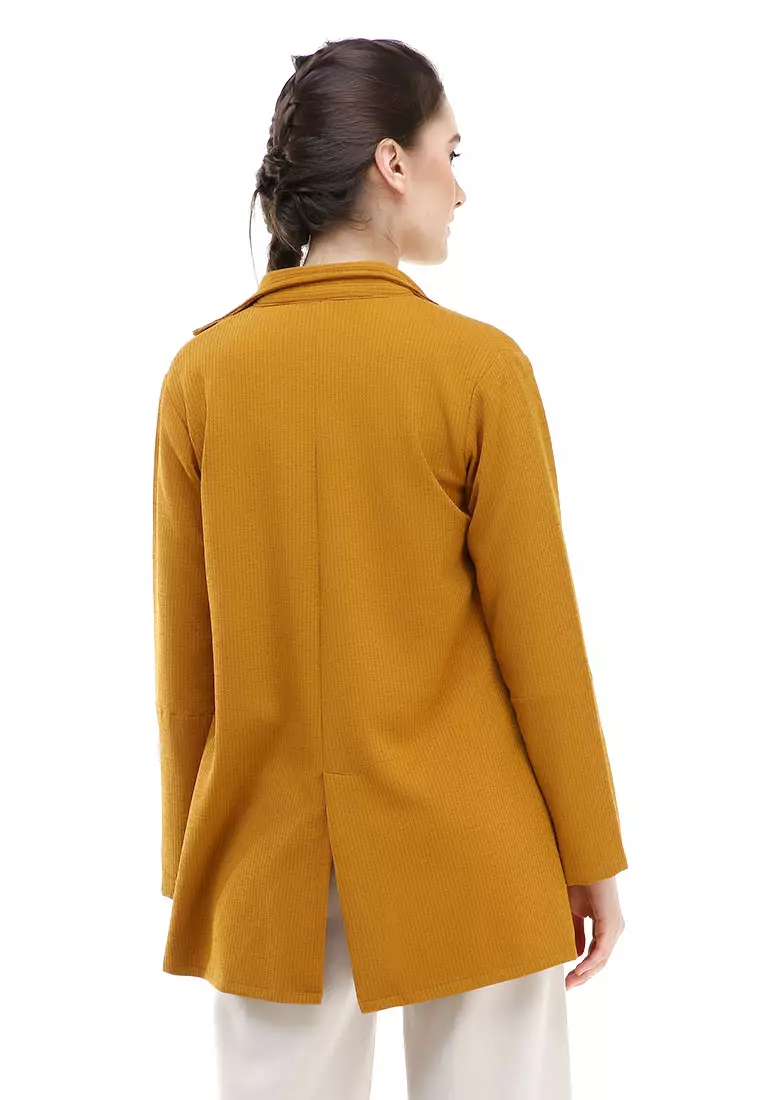 Qemsya Blazer Wanita Two Pockets Two Tone Casual Longsleeve Outer Material Bubbly Strecth ORIGINAL - Mustard