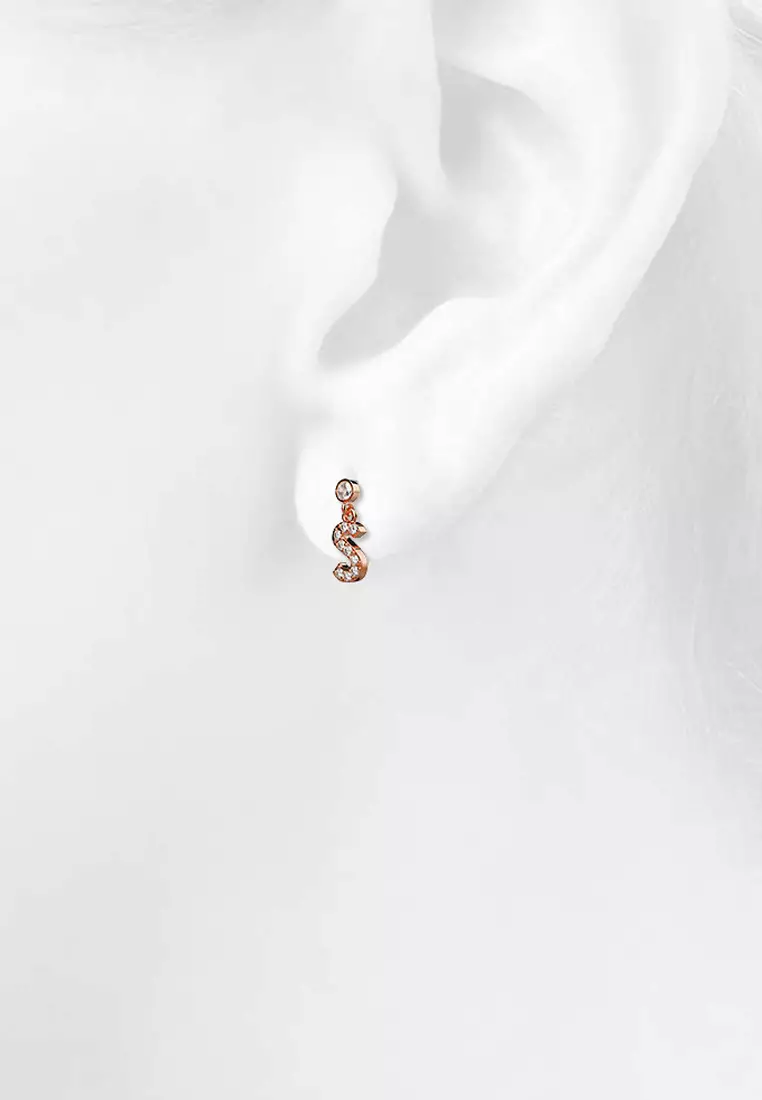 Solid 925 Sterling Silver Initial Crystal Personalised Alphabet Letter Earrings Rose Gold - S