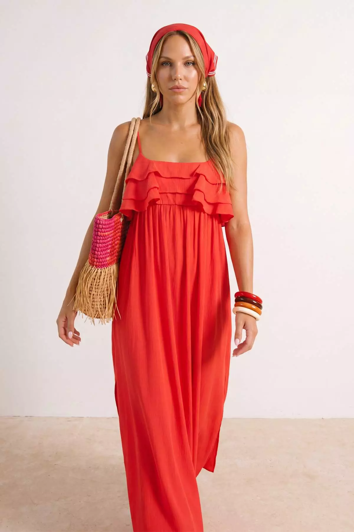 Pomegranate Flower Woven Flounced Maxi Beach Dress Tbess25El00132