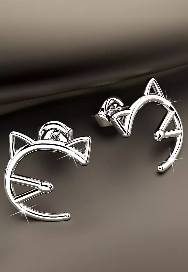 Feline Cute Cat White Gold Layered Earrings