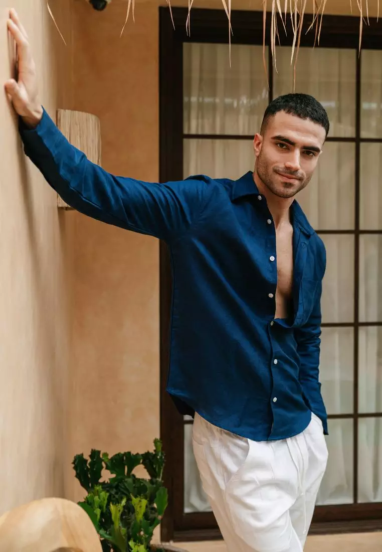 Santorini Kemeja Linen Lengan Panjang Pria Navy | Linen Long Sleeve Shirt Men Navy